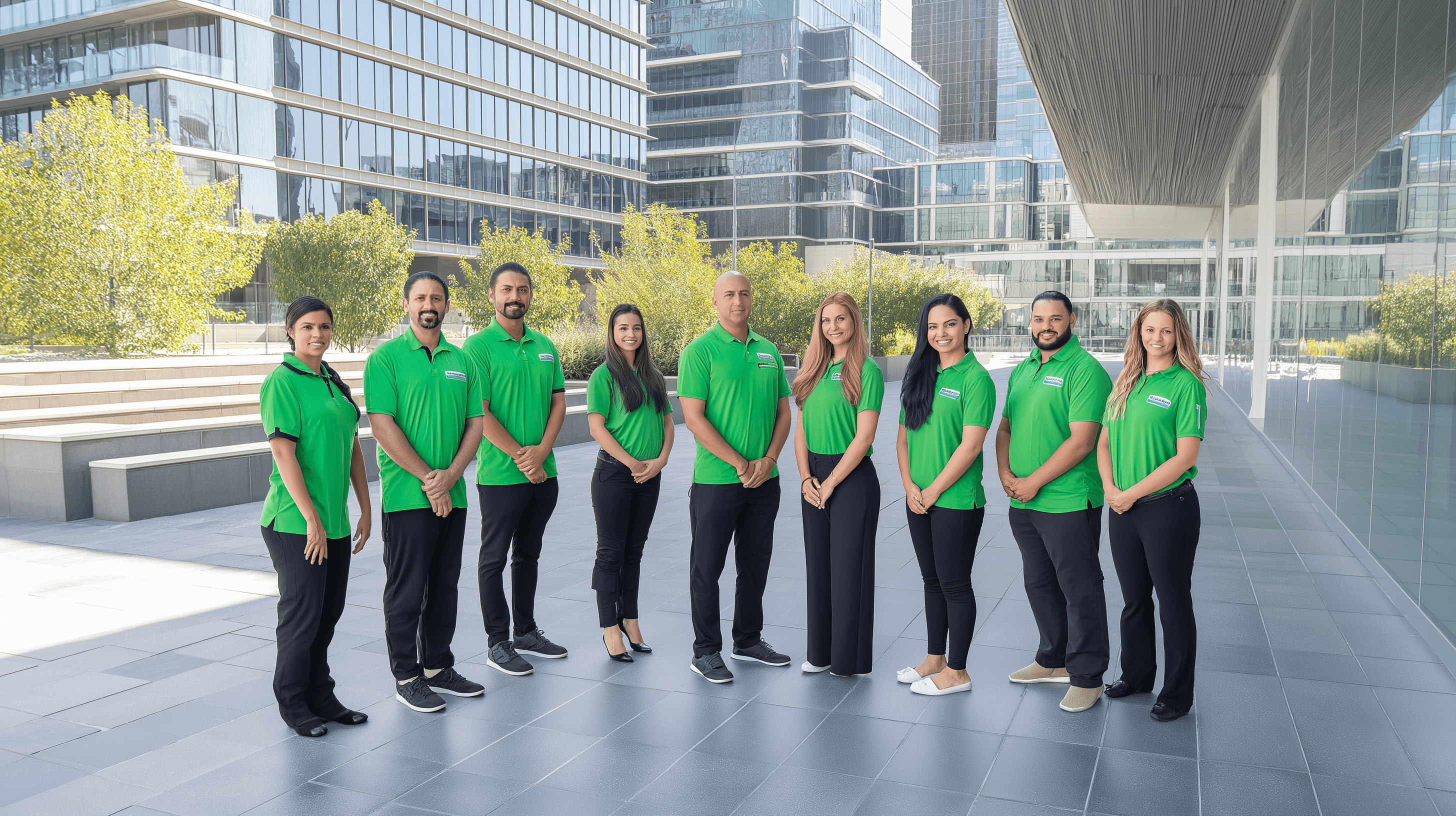 Staff group photo near company office